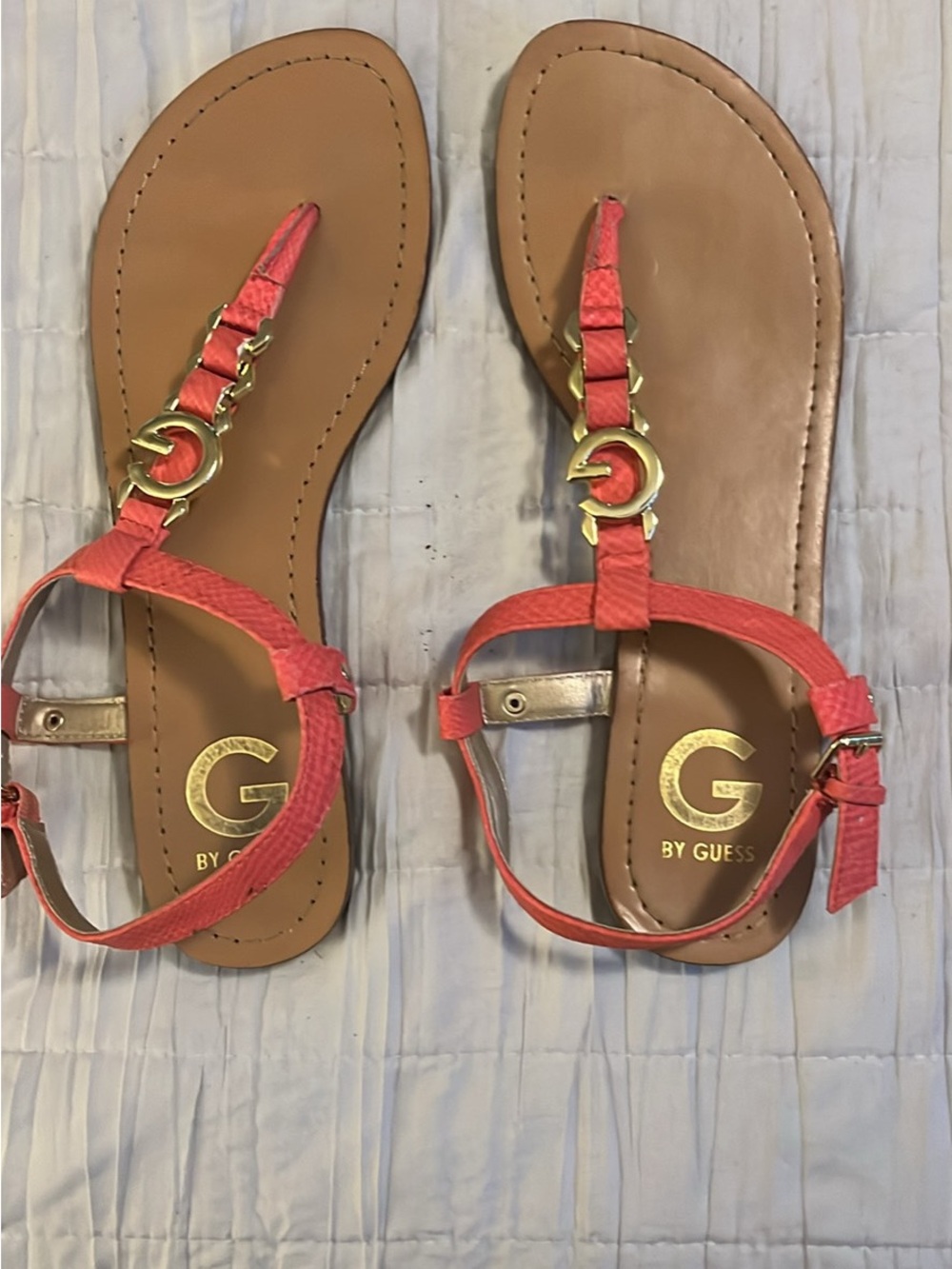 GUESS Coral Pink T-Strap Sandals with Gold G Hardware